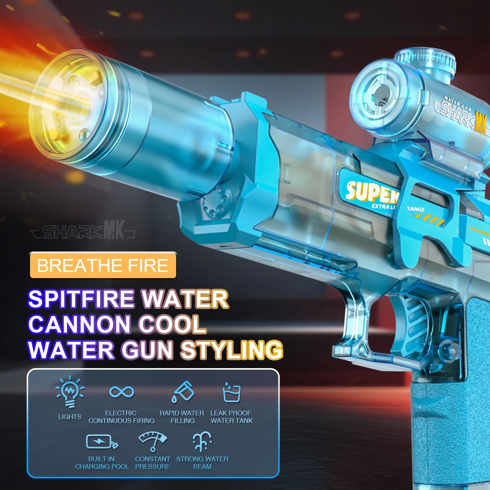 Nueva pistola de agua eléctrica con  luz Efecto de llama alta presión